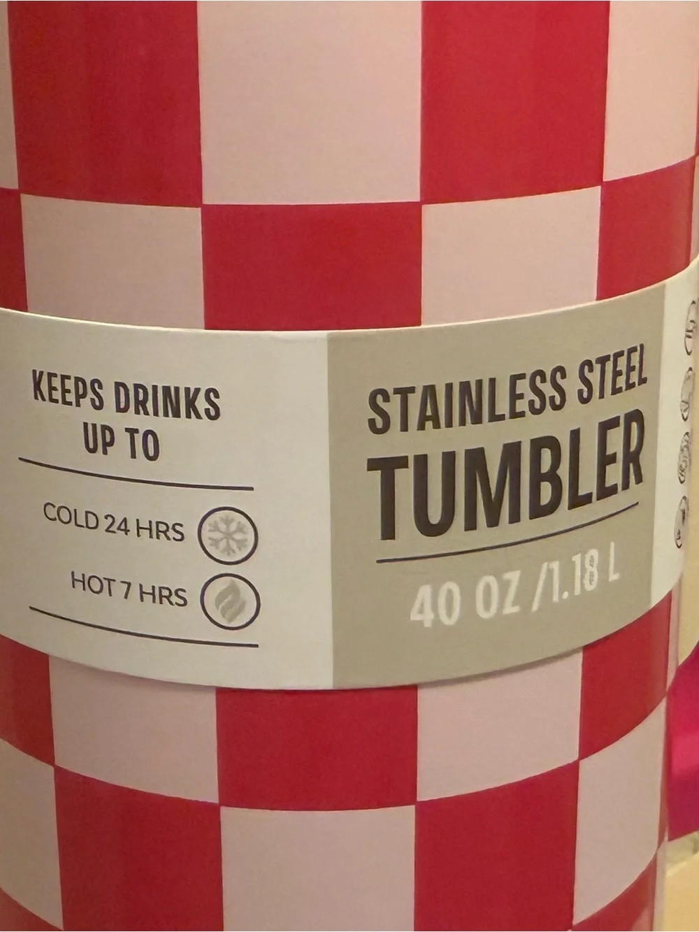 Pink Checker Stainless Steel Travel Tumbler with Handle and Straw